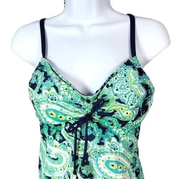 Lands' End Underwire Tankini Green Blue Size 8 Ruched Tie Adjust Padded Paisley - Picture 2 of 7